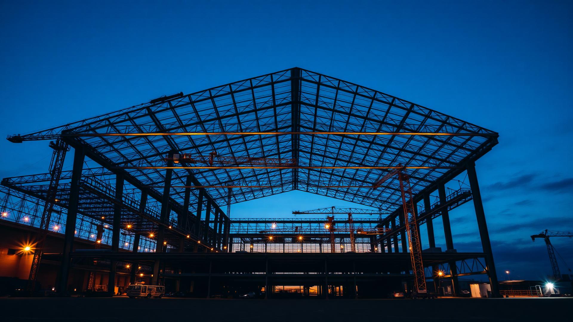 Galpão industrial em construção com estrutura metálica ao anoitecer